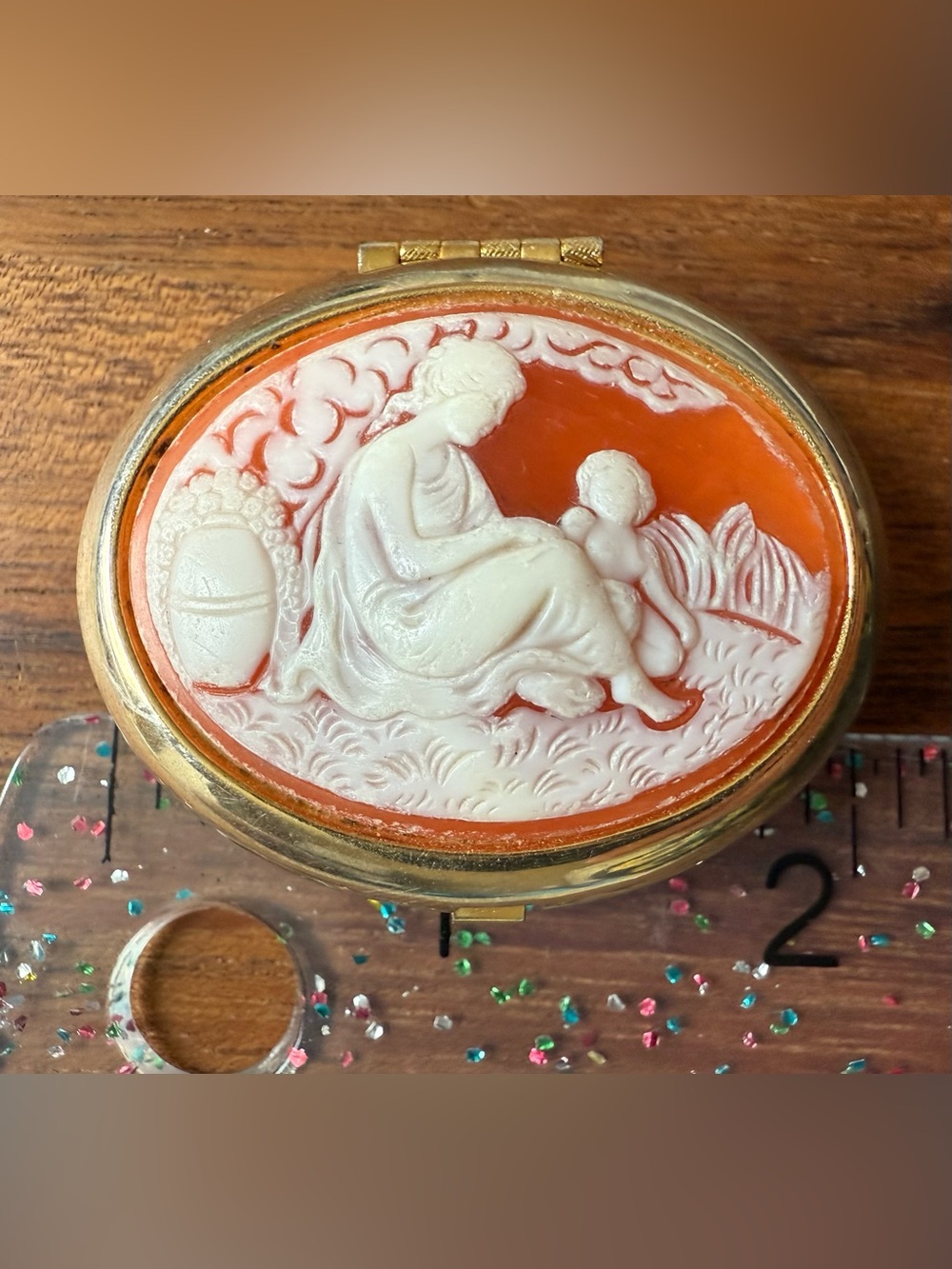 Vintage Orange and White Cameo Trinket Box with Gold Trim Pill Box